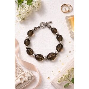 Smoky Quartz Sterling Silver 925 Beaded Toggle Bracelet Brown Stone 8.5 Inch‎